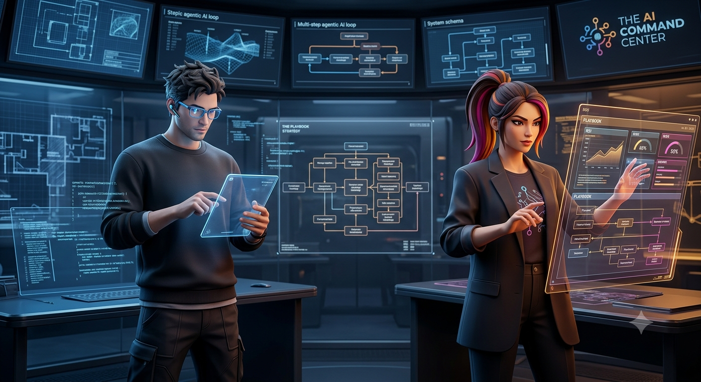 Illustration of two professionals working with agentic AI dashboards — playbook strategy, ROI, and system schema screens in an AI command center